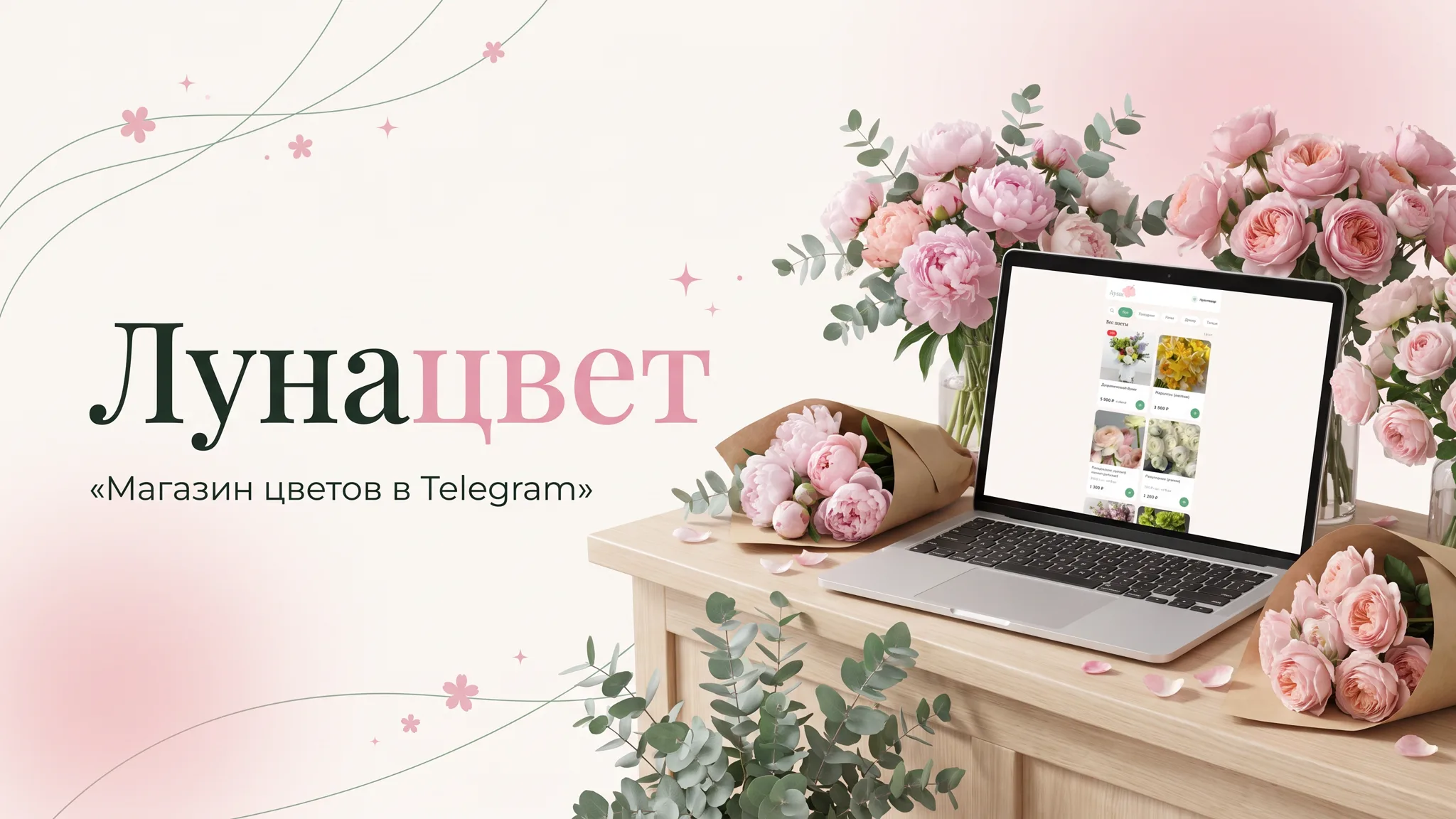 Интерфейс интернет-магазина цветов Лунацвет в формате Telegram Mini App